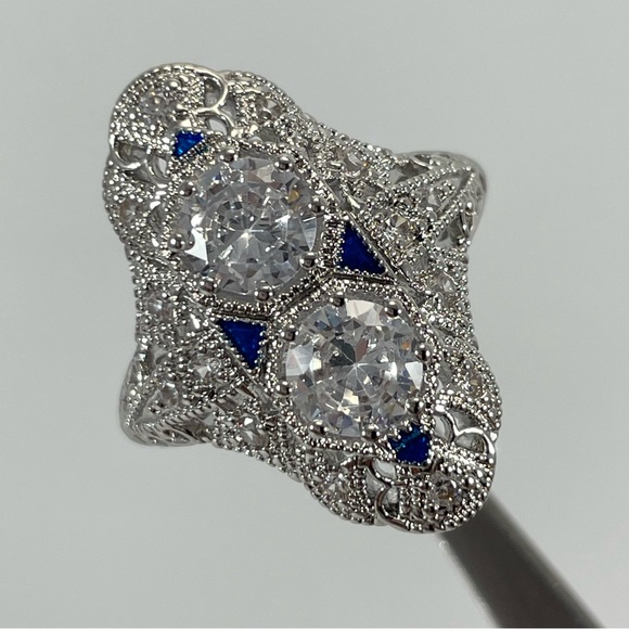 Ring Art Deco Statement White Diamond CZ Silver Plated Vintage Look Stunning